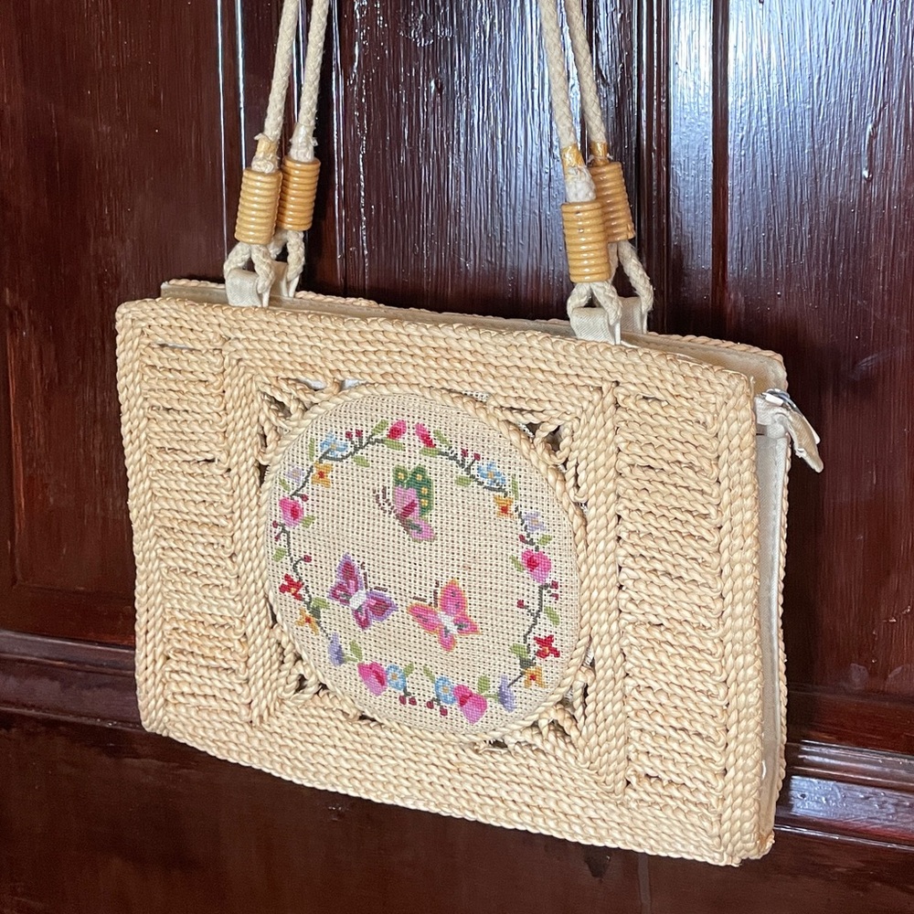 Vintage Spring Summer Purse Shoulder Bag Floral Butterfly Embroidery Jute Zipper